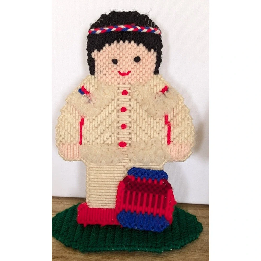 VTG Plastic Canvas Needlepoint Indian Native American Canoe Thanksgiving Decor